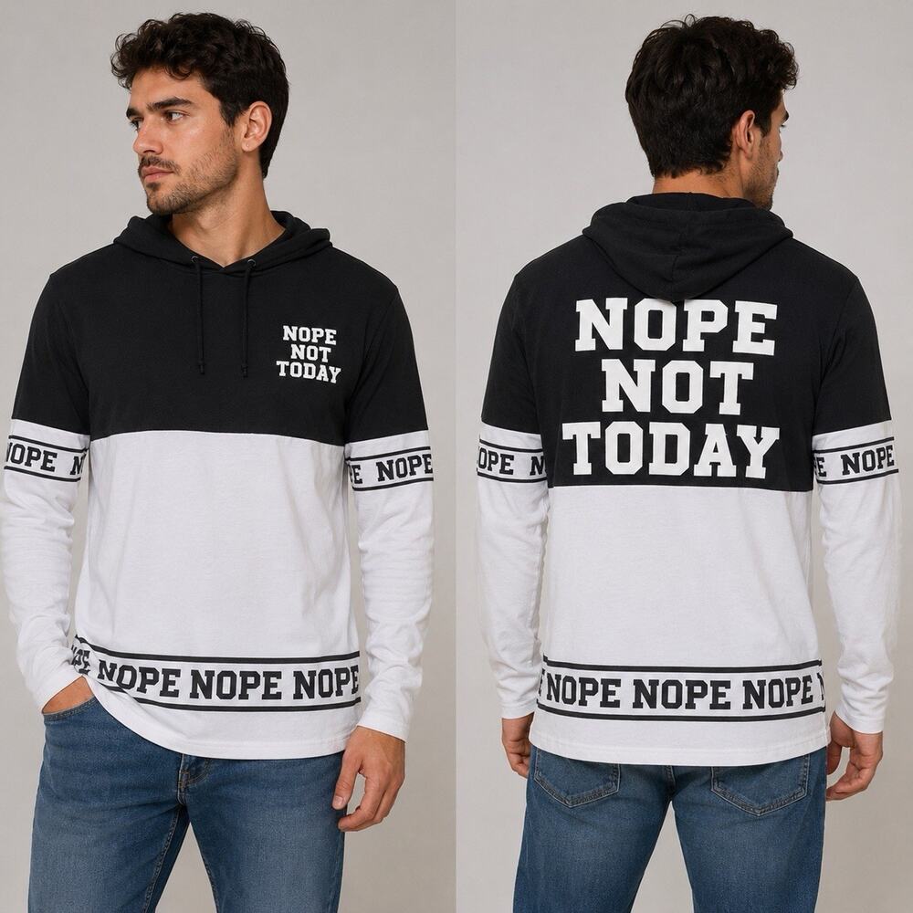 On Fire Nope Not Today Hoodie Shirt Mens L Black White Graphic Long Sleeve